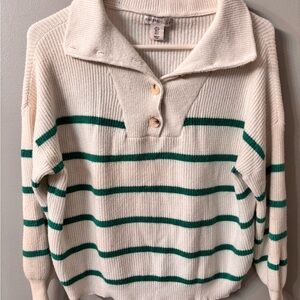 Sincerely Jules Cream and Green Striped Sweater with collar, size medium